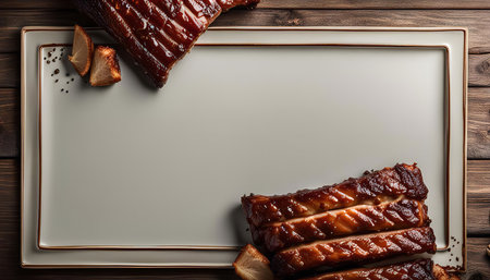 Close-up shot of a plate of barbecue ribs. The ribs are on a white ceramic plate with a brown wooden background.の写真素材