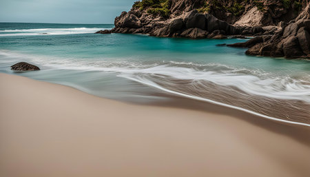 A serene beach with smooth waves gently lapping at the shore. The turquoise water contrasts beautifully with the golden sand. The scene is tranquil and peaceful.の写真素材