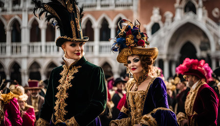 Two women in elaborate Venetian Carnival costumes, with intricate masks, feathers and gold embellishments, stand in a crowd during a street festival.の写真素材