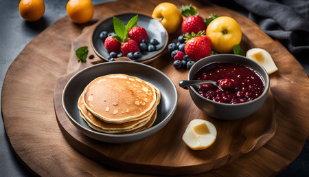 A close-up shot of a stack of pancakes with fruit jam and fresh berries on a wooden plate. The pancakes look delicious and inviting, and the fresh berries are a beautiful addition. The image is a great example of a healthy and delicious breakfast.の写真素材