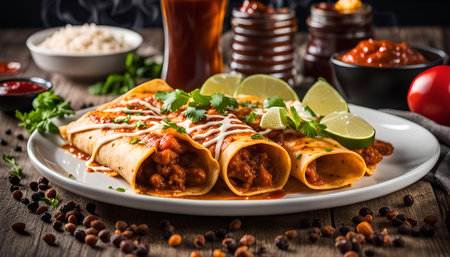 Close-up shot of three enchiladas with melted cheese and sauce, garnished with cilantro and lime slices on a white plate, with a wooden table background.の写真素材