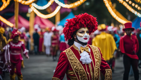 A performer in a red and gold costume with a mask, during a carnival celebration. The image captures the joy and festivity of the eventの写真素材