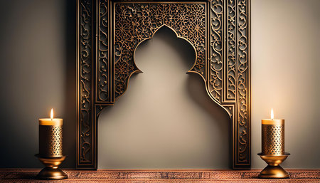 Close-up of a golden Islamic arch with intricate designs. There are two lit candles in golden candlesticks on either side of the arch.の写真素材