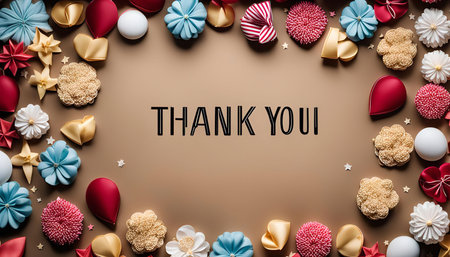 A colorful thank you card with handmade paper flowers and ribbon decorations arranged in a frame around the message.の写真素材