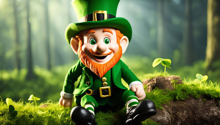 A happy leprechaun wearing a green hat and suit is sitting on a rock in a lush green forest. He is smiling and looking at the camera, creating a whimsical and joyous atmosphere.の写真素材
