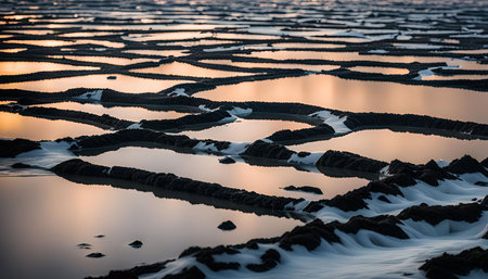 A captivating view of salt pans at sunset, the surface of the water reflecting the warm hues of the sky.の写真素材