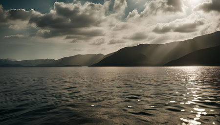 A scenic mountain range silhouetted against a cloudy sky, reflecting in the tranquil water of a lake or ocean. The sun rays pierce through the clouds, illuminating the scene.の写真素材