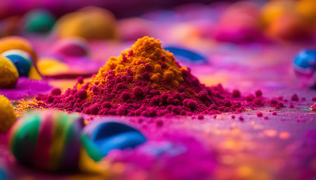 Close-up shot of colorful powder used during Holi festival, a Hindu festival celebrating the arrival of spring.の写真素材