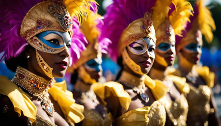 A lively carnival parade featuring masked performers adorned in vibrant costumes with elaborate feathers and jewelry. The joyful atmosphere is palpable as the dancers celebrate with passion and energy.の写真素材
