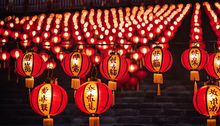 A string of red lanterns illuminate a temple during a Chinese festival, creating a magical and festive atmosphereの写真素材