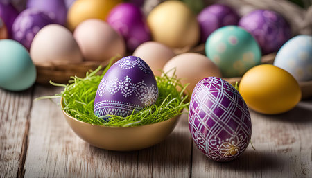 A close-up shot of a beautifully decorated Easter egg with a purple color and intricately white...