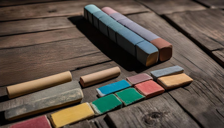 A collection of colorful chalk sticks arranged on a rustic wooden surface. The chalks are of various sizes and shades, creating a vibrant and visually appealing display.の写真素材