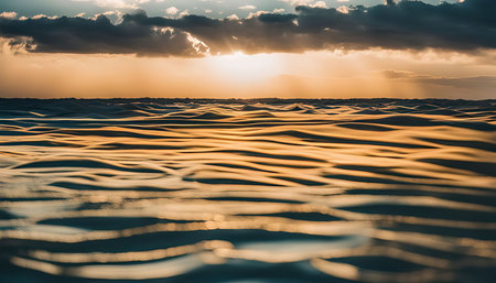 A captivating sunset over rippling water. The golden hues paint the sky and the water, creating a stunning and peaceful scene.の写真素材