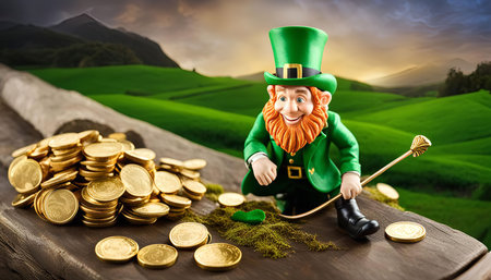 A leprechaun in a green hat with a long beard smiles as he guards a pot of gold with a stick.の写真素材