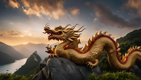 A golden dragon statue perched on a mountaintop overlooking a valley. The sunset casts a warm glow on the clouds and the mountains, creating a magical atmosphere.の写真素材