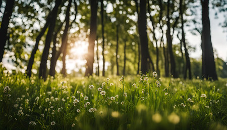 A sunlit forest clearing, with sunbeams filtering through the trees, illuminating a lush carpet of green grass and wildflowers.の写真素材