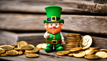 A leprechaun figurine stands on a wooden surface surrounded by golden coins. He wears a green hat and is holding a shamrock.の写真素材