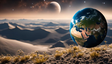 A digital illustration of a Earth globe floating above a desert landscape with a full moon and stars in the background.の写真素材