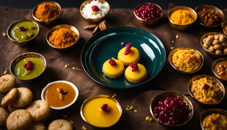 A variety of Indian sweet treats and spices arranged on a table, showing the colors and flavors of Indian cuisine.の写真素材