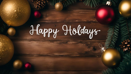 A festive greeting of 'Happy Holidays' written in white calligraphy on a rustic wooden background decorated with Christmas ornaments, pine branches, and pine cones.の写真素材