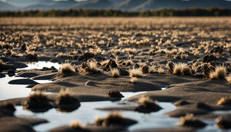A close-up shot of a sandy desert landscape with small pools of water scattered across the ground. The sand is covered in tufts of grass and other vegetation. The sky is a light blue, and the horizon is lined with mountains in the distance.の写真素材