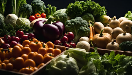 A close-up view of a variety of fresh vegetables in wooden boxes, showing the colors and textures of various produce.の写真素材