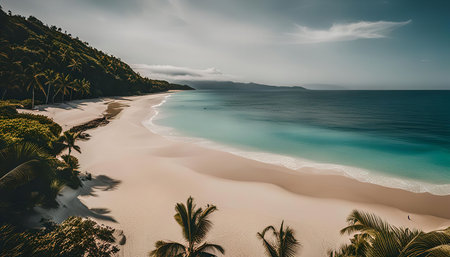 An aerial view of a pristine tropical beach with white sand, turquoise water and lush palm trees. The view captures the serenity and beauty of a tropical paradise.の写真素材