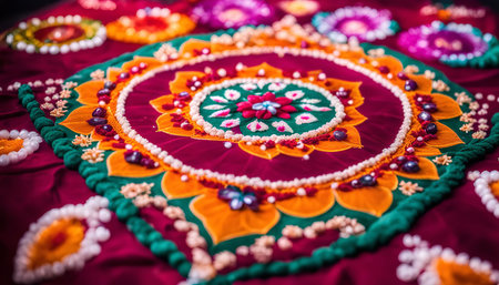 A close-up of a colorful mandala design embroidered on fabric. It features intricate details and bright colors, showing a traditional art form.の写真素材