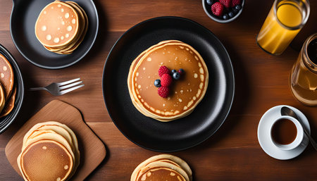 A delicious stack of fluffy pancakes topped with fresh berries. The perfect way to start your day.の写真素材