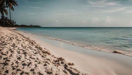 A serene view of a tropical beach, showcasing white sand, azure water, and palm trees swaying in the breeze.の写真素材