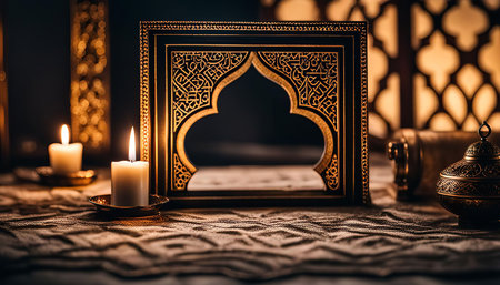 A beautifully crafted golden Arabic design frame with ornate calligraphy and a burning candle. The frame is illuminated and creates a sense of peace and spirituality.の写真素材