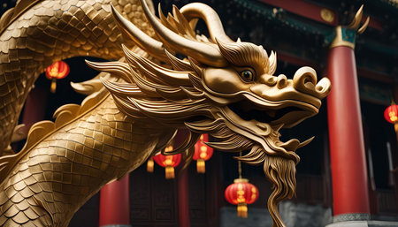 A close-up of a golden dragon statue in front of a red temple, the dragon's scales are visible, and there are red lanterns hanging in the background.の写真素材