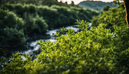 A tranquil scene of a small river flowing through a dense forest, with lush green foliage filling the frame. The scene evokes a sense of peace and serenity, showing the beauty of nature.の写真素材