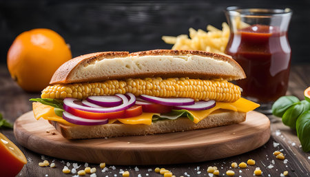 A mouthwatering corn sandwich filled with cheese, tomato, and onion slices, served on a wooden board with ketchup and fries in the background.の写真素材