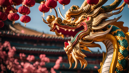A close-up shot of a golden dragon statue in a Chinese temple. The dragon is a mythical creature in Chinese culture, often associated with strength, power, and good fortune.の写真素材