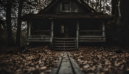 An old wooden cabin sits nestled within a dark and dense forest, illuminated by a sliver of light. The path leading to the cabin is covered in fallen leaves, and the trees surrounding it are shrouded in shadow. The cabin has a rustic charm, with a porch and steps leading to the entrance.の写真素材