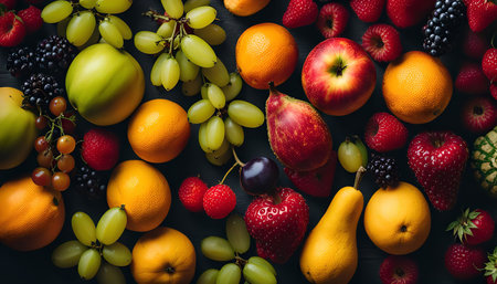A vibrant still life featuring an assortment of fresh fruits, including oranges, apples, pears, grapes, blackberries, and raspberries. The fruits are arranged on a dark background, creating a striking contrast of colors and textures.の写真素材