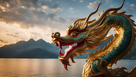 A golden dragon statue sits by the water's edge of a lake with mountains in the background, the sky filled with clouds reflecting a golden glowの写真素材