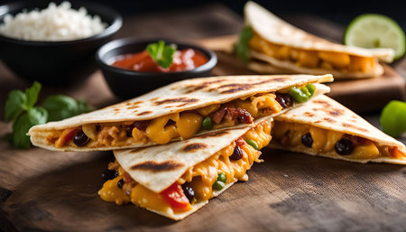 A close-up view of three quesadillas filled with melted cheese, black beans, and other toppings. The quesadillas are on a wooden board, and there are bowls of rice, salsa, and lime slices on the side.の写真素材
