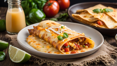 Close-up shot of a delicious Mexican enchilada, filled with corn, tomatoes, and cheese, topped with a creamy sauce and a sprig of basil. The enchilada is served on a white plate, surrounded by fresh limes and other ingredients. It is a perfect example of Mexican cuisine.の写真素材