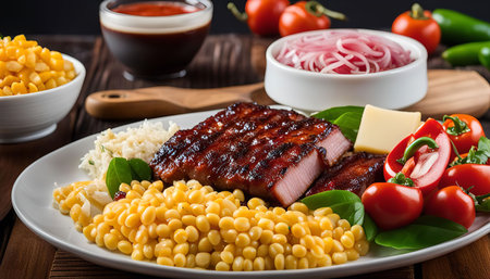 Close-up of a delicious BBQ pork plate with corn, coleslaw, onions, cheese and tomatoes. The juicy meat is perfectly cooked and seasoned with a tangy BBQ sauce.の写真素材