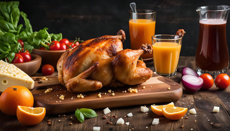 A delicious roasted chicken with crispy skin and juicy meat. Served on a wooden board with side dishes of fresh tomatoes, orange slices, cheese, and basil.の写真素材