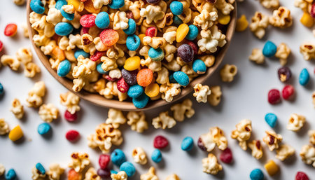 A close-up shot of a bowl filled with popcorn and colorful candies, scattered around it. The colors of the candy create a vibrant and appealing contrast against the white background.の写真素材