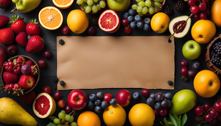 A flat lay of colorful fruits arranged around a brown paper on a dark background. The fruits include oranges, red apples, strawberries, blueberries, grapes, plums, cherries, and more.の写真素材