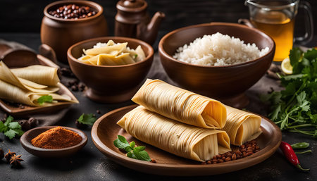 A delicious Asian meal featuring tamales, rice, and assorted ingredients. The tamales are beautifully arranged on a wooden plate.の写真素材