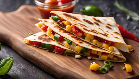 Close-up view of three delicious quesadillas with cheese, corn, tomatoes and green onions on a wooden cutting board. The quesadillas are golden and crispy and look very appetizing.の写真素材
