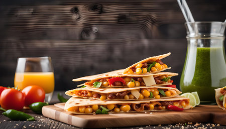 A mouthwatering stack of quesadillas, freshly prepared with corn tortillas, melted cheese, and a variety of fillings, perfectly presented with a glass of orange juice on a rustic wooden surface.の写真素材