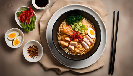 A bowl of ramen noodles with various garnish, including broccoli, cucumber, egg, and meat. The ramen looks delicious and ready to be enjoyed.の写真素材