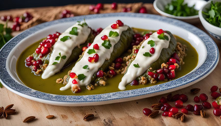 Close-up shot of a plated dish with three stuffed green peppers topped with creamy crema, sprinkled with pomegranate seeds and garnished with fresh cilantro. The dish is presented on a blue and white ceramic plate with a green sauce.の写真素材