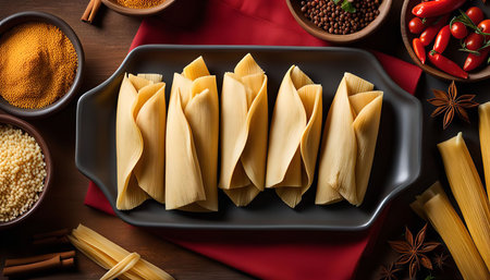 A close-up shot of a plate of tamales. The tamales are wrapped in corn husks and are arranged in a neat row. The plate is set on a wooden table, surrounded by various spices and ingredients.の写真素材